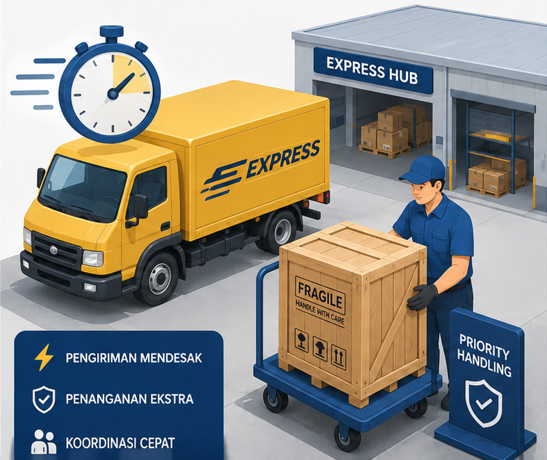 Ilustrasi layanan express dan barang khusus dengan penanganan prioritas